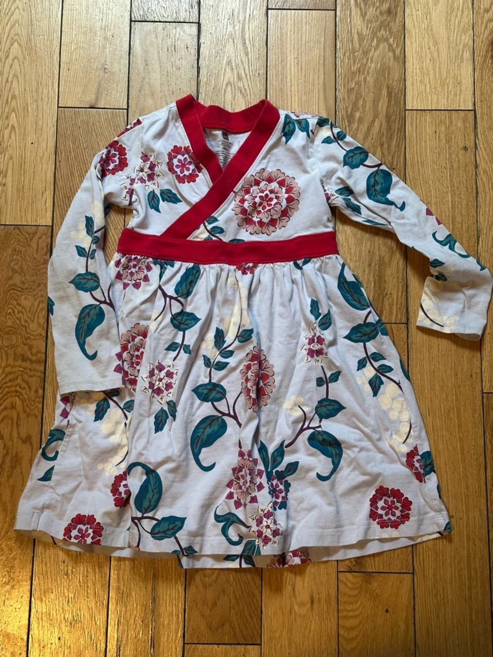 Tea Collection Red-Trim Floral Wrap-Style Dress